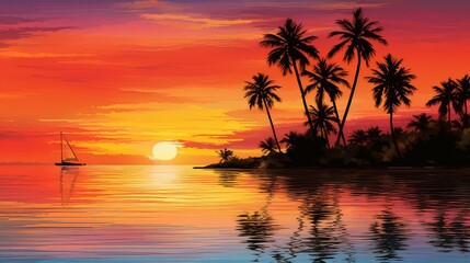 Fototapeta na wymiar ocean tropical summer background illustration paradise vacation, surf coconut, hammock relaxation ocean tropical summer background