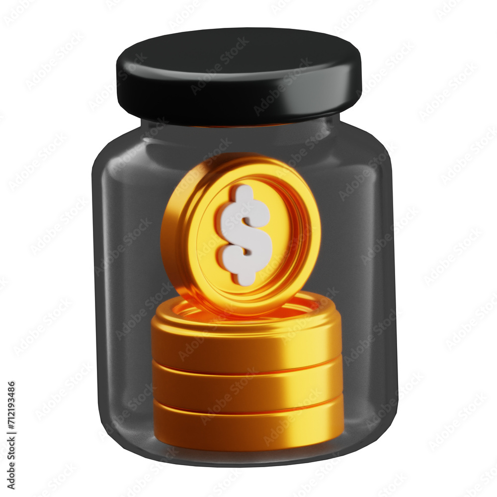Poster savings a 3d model of prosperity in a coin jar. 3d illustration, 3d element, 3d rendering. 3d visual