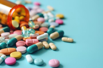 Many colorful tablets and capsules on a blue background. Painkillers and antibiotics variation. medicine concept