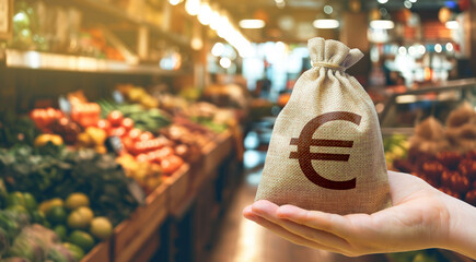 Money bag on the background of a grocery store counter with fresh organic vegetables and fruits. Concept of cost of goods and food products. Grocery set. Import and export - obrazy, fototapety, plakaty
