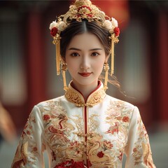 Beautiful woman wearing traditional Chinese wedding costumes. Generative AI.