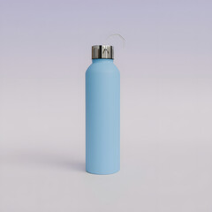 Blue-matte, water bottle close-up isolated on a light peach background, steel water bottle with a silver cap and a handle, studio photography