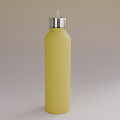 Yellow-matte, water bottle close-up isolated on gray background, steel water bottle with a silver cap and a handle, studio photography