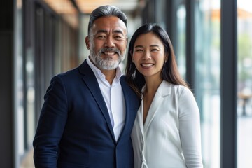 Happy confident professional mature Latin business man and Asian business woman corporate leaders managers standing in office, two diverse colleagues executives team posing together, portrait