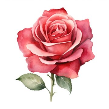 Red rose flower watercolor illustration. Floral blooming blossom painting on white background