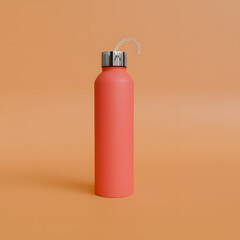 Red-matte, water bottle close-up isolated on a Orange background, steel water bottle with a silver cap and a handle, studio photography