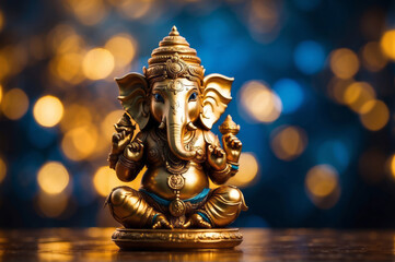 a golden ganesha statue with gold and blue bokeh background - obrazy, fototapety, plakaty