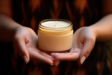 Woman holding a bottle of beauty cream in her palm