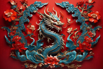Fototapeta premium blue chinese dragon artwork with red background
