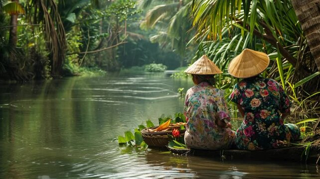 women with farmer hat sit near big river in the midle of the jungle lofi video