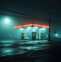 A gas station at night alone in the street fog. Generative AI.