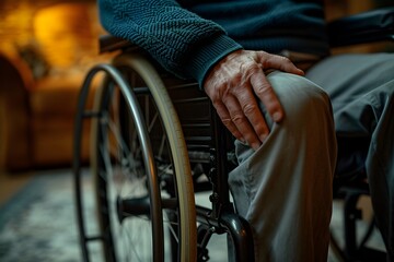 An elderly individual in a wheelchair sits by a sunlit window, reflecting quietly in a peaceful indoor setting. - obrazy, fototapety, plakaty