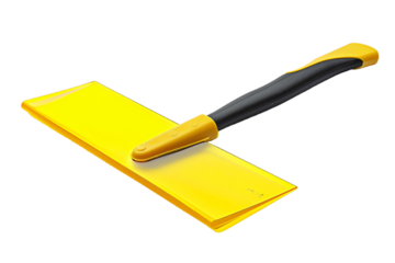 Isolated yellow tools – brush, roller, and trowel – on a transparent background, featuring metal, wood, and paint utensils with handles and blades for various tasks like painting, gardening,