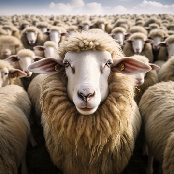 Sheep flock face to face standing image Generative AI