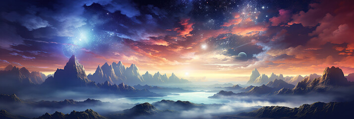 Futuristic landscape the other planet with majestic mountains and rio, under a breathtaking night sky with a planets - obrazy, fototapety, plakaty