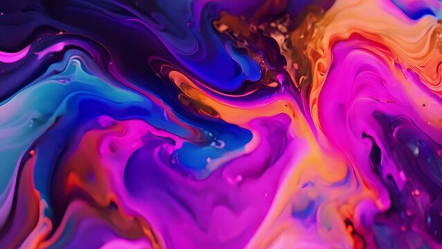 Flowing liquid paint various bright colors.Orange,blue,red, purple, green, yellow and pink colors.Creative background effect. Abstract art of applying colorful ink. Movable colorful background of pain