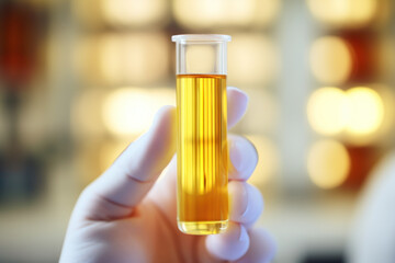 A laboratory technician examines a urine sample. Innovations in medical research.