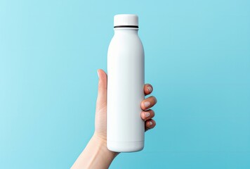 Showcasing a thermos filled with a refreshing beverage against a serene light blue backdrop.