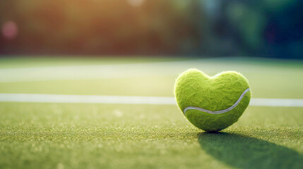 a heart shaped tennis ball on a tennis court background with copy space for Valentine's day
