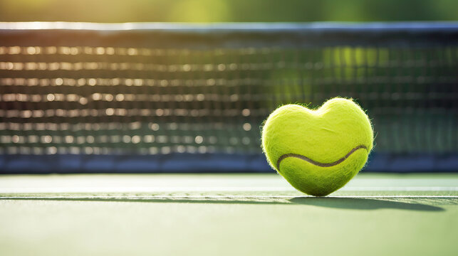 a heart shaped tennis ball on a tennis court background with copy space for Valentine's day and Sport love concept