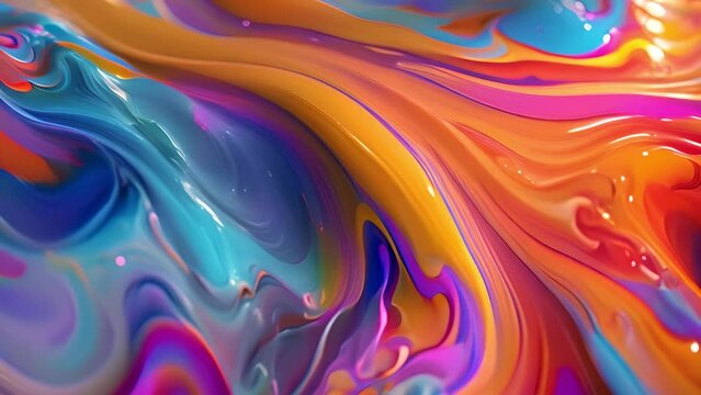 Flowing liquid paint various bright colors.Orange,blue,red, purple, green, yellow and pink colors.Creative background effect. Abstract art of applying colorful ink. Movable colorful background of pain