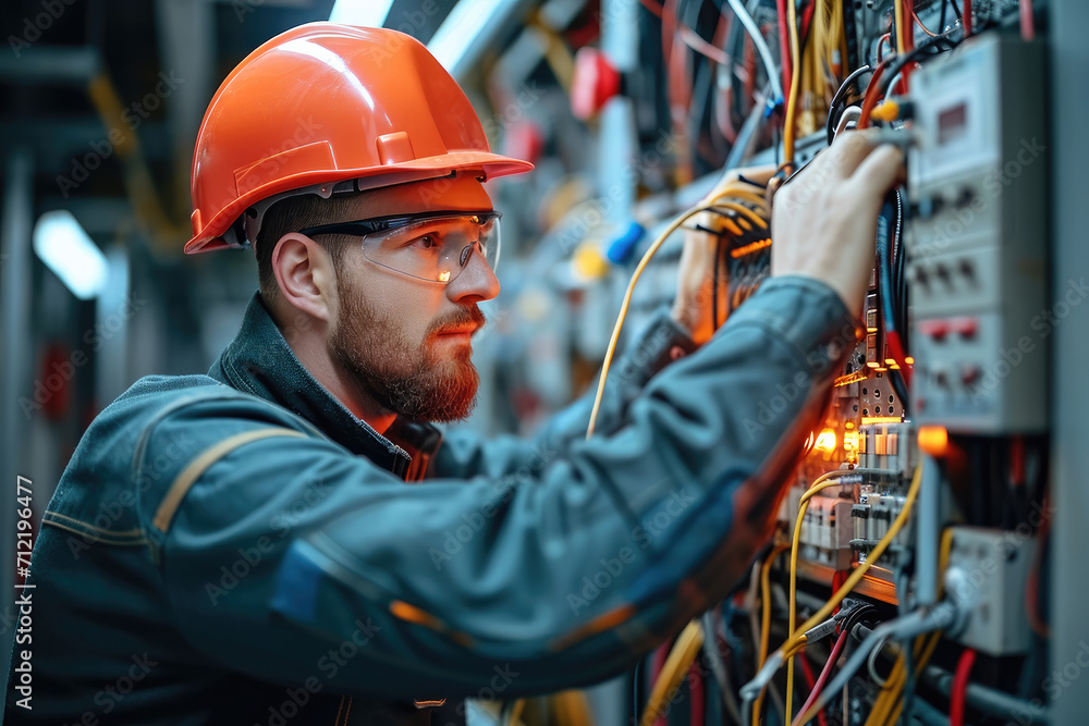 Poster Electrician working with a switchboard. Generative AI.