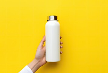 hand holding a stainless drink bottle on a yellow background - obrazy, fototapety, plakaty