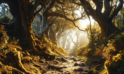 Mystical Forest Pathway Enveloped by Ancient Trees and Mist, Evoking a Magical and Enchanted Atmosphere
