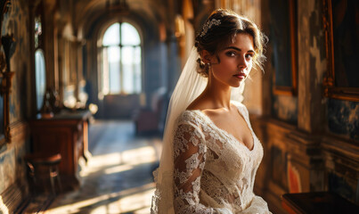 Naklejka premium Elegant Bride in a Vintage Lace Wedding Dress with Veil in a Sunlit Antique Corridor, Embodying Classic Romance and Grace