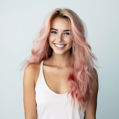 Fototapeta premium Happy beautiful young woman with pink hair portrait. Generative ai design art.