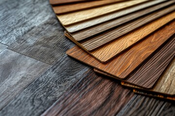 Close up stone composite vinyl tile sample with chestnut and oak wood texture surface - obrazy, fototapety, plakaty