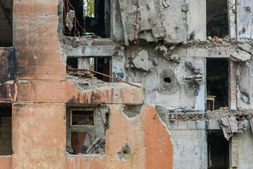 Residential building destroyed by military actions in Ukraine.