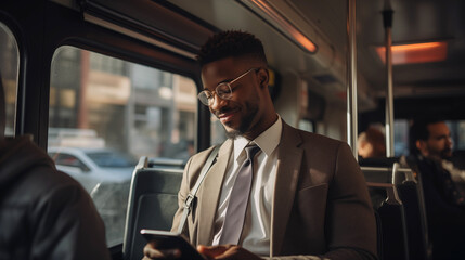 Cheerful Afroamerican man commuting to work in a bus and browsing mobile phone - obrazy, fototapety, plakaty