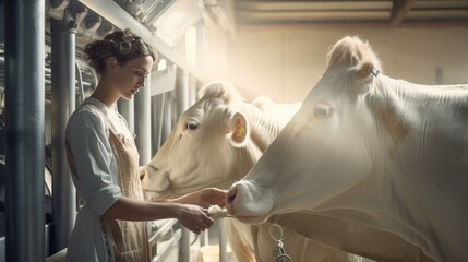 Girl farmer tending cows in the barn. Modern farm life. Industrial maintenance of cows. Farm business. High quality photo
