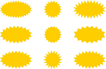 Starburst yellow sticker set - collection of special offer sale oval and round shaped sunburst labels and badges. Promo stickers with star edges. Vector.