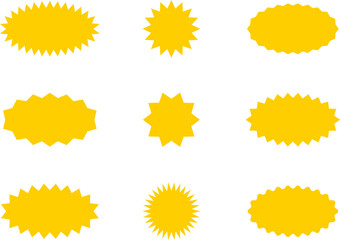 Starburst yellow sticker set - collection of special offer sale oval and round shaped sunburst labels and badges. Promo stickers with star edges. Vector. - obrazy, fototapety, plakaty