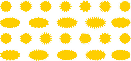 Starburst yellow sticker set - collection of special offer sale oval and round shaped sunburst labels and badges. Promo stickers with star edges. Vector.
