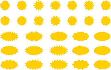 Starburst yellow sticker set - collection of special offer sale oval and round shaped sunburst labels and badges. Promo stickers with star edges. Vector.