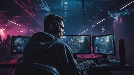 Focused Gamer at a High-Stakes Tournament - Immersive Gaming Experience