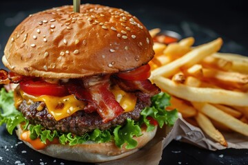 Burger and fries on dark background