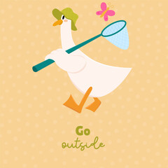 Cute goose in a panama hat with a butterfly net. Goose catching butterflies. Go outside.
