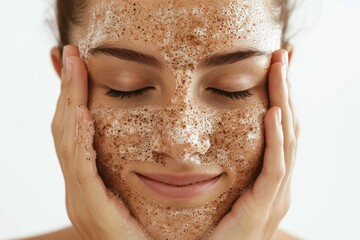 Fototapeta premium Woman using scrub on white background