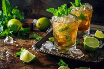 Traditional mint julep drink with lime and lemon - obrazy, fototapety, plakaty