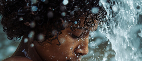 Cascading water flows over curls, the essence of rejuvenation captured in a moment of pure bliss - obrazy, fototapety, plakaty