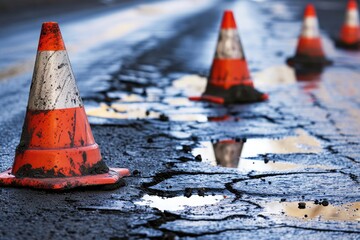 Construction site with traffic cones on cracked road