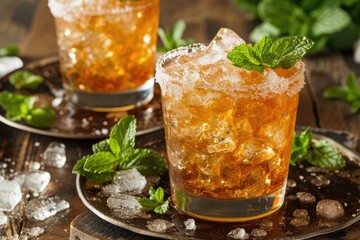 Alcoholic invigorating bourbon based cocktail with mint ice and sweetness - obrazy, fototapety, plakaty