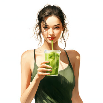 Person drinking a green smoothie or fresh juice isolated on white background, detailed, png
