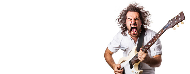 Close-up of an artist musician plays the guitar, sings loudly, screams emotionally excitedly, white background isolate.