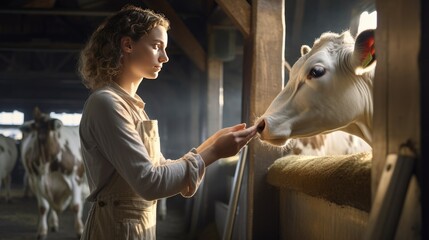 Girl farmer tending cows in the barn. Modern farm life. Industrial maintenance of cows. Farm business. High quality photo