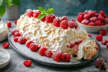 Meringue roll cake with cream raspberries Close up on confectionery menu